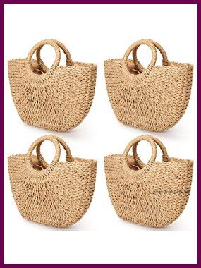Woven Straw Tote Bag Set 4 Pcs Top Handle Beach Bags